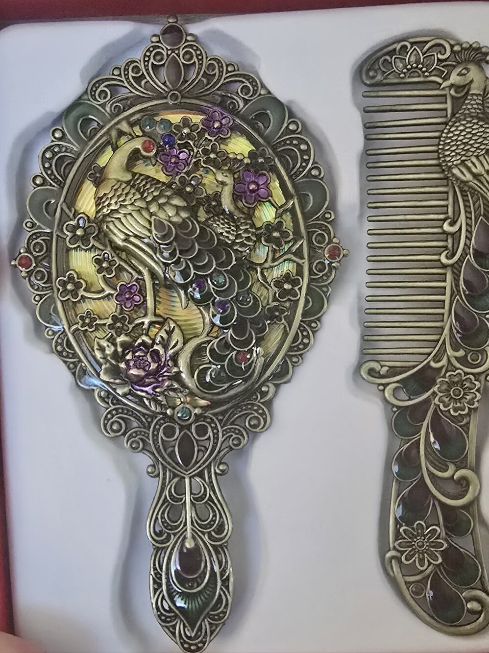 Vintage-Style Peacock Hand Mirror and Comb Set - Silver with Multicolor Accents